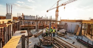 3 builders working on a building site wearing helmets and visibility vests, while piles of wood and construction materials surround them, discuss about Sunset Clause scoped within property Law.