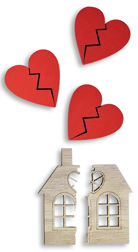 A broken house below three broken red hearts to symbolise relationship property legal cases.